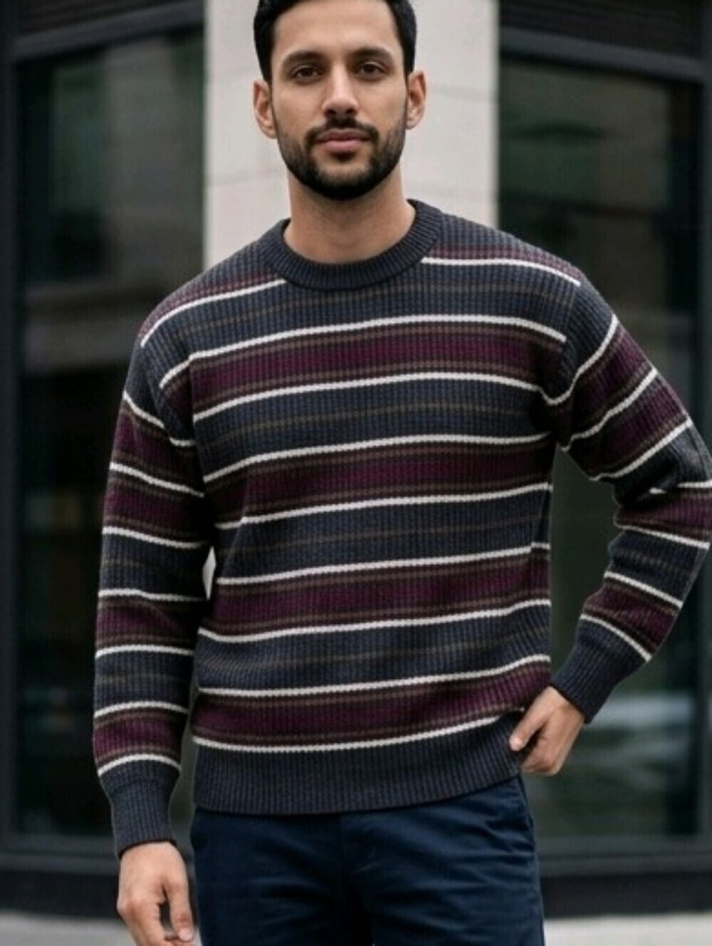 Striped Knit Sweater in Navy and Burgundy Sz M (No Brand) Very Very Soft Unisex